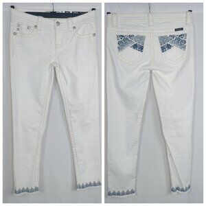 Miss Me White Jeans 27 Mid Rise Ankle Skinny Blue Embroidery